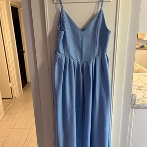 Elegant Blue Spaghetti Strap Dress V-Neck Drop V Maxi Long Zipper Side Full